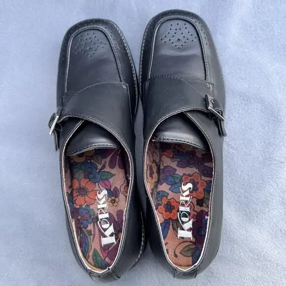 Korks Theodore Monk Shoes Womens Size 8 Black Strap Buckle Block Heel Wingtip - Picture 7 of 10